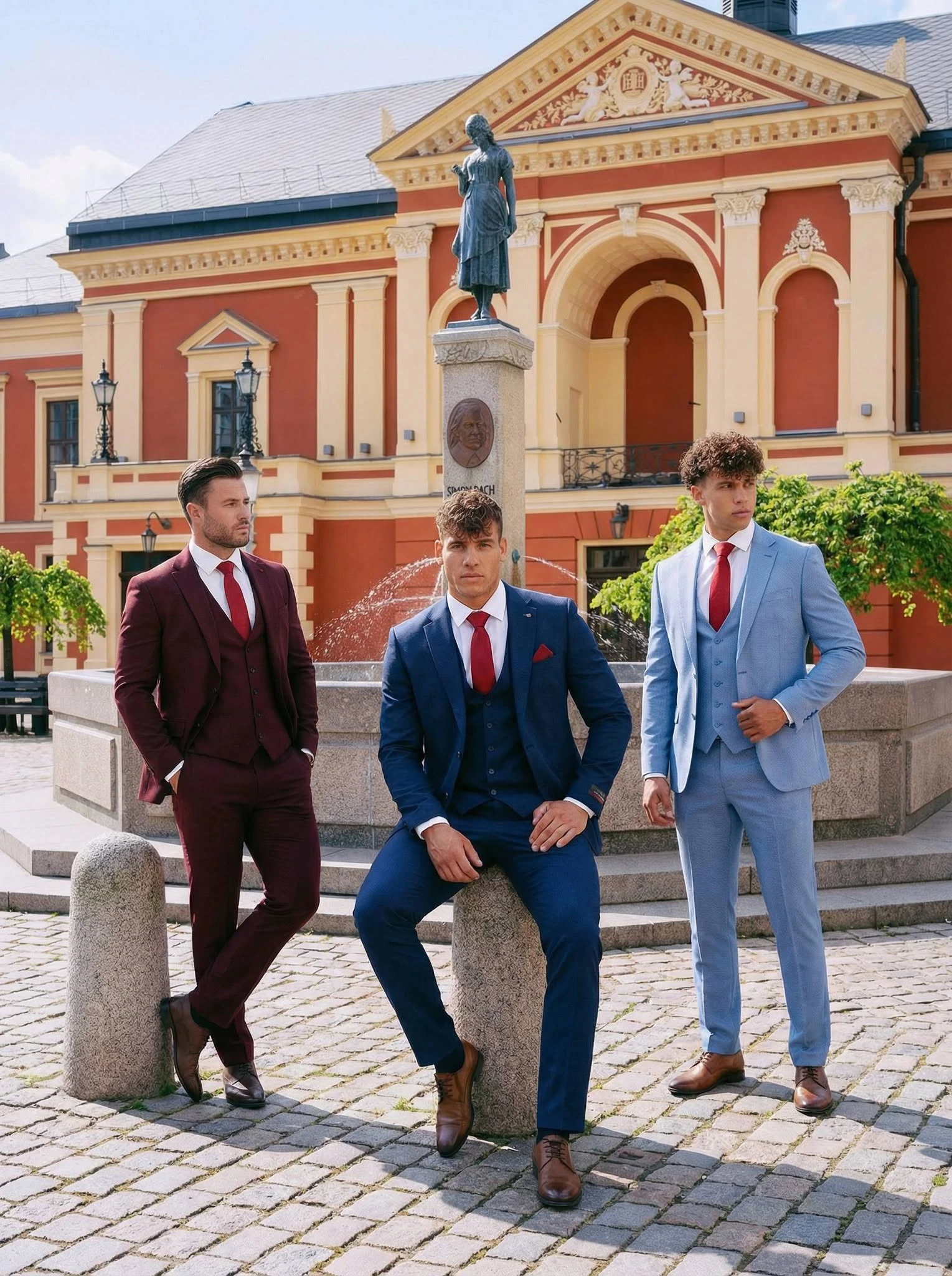 Trijų vyrų fotosesija su skirtingų spalvų Men’s Choice kostiumais